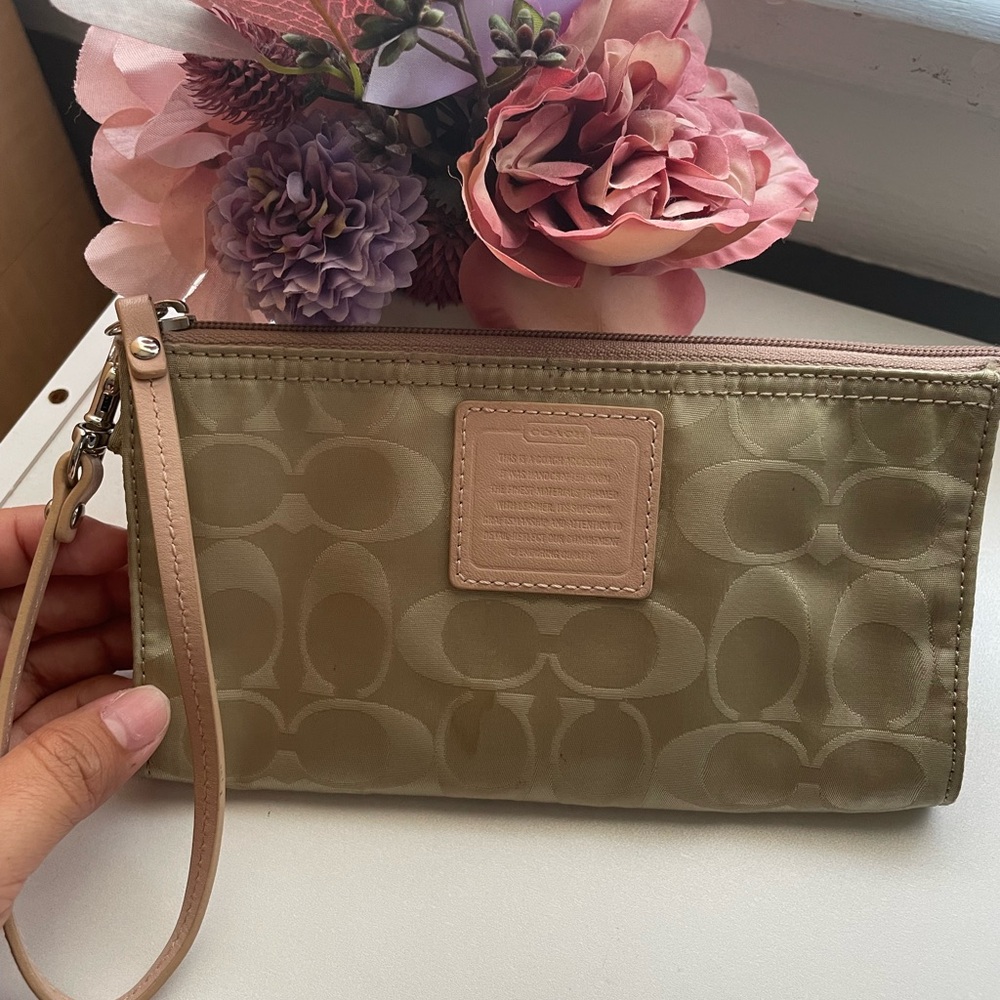 Coach Olive and Beige Wristlet Clutch